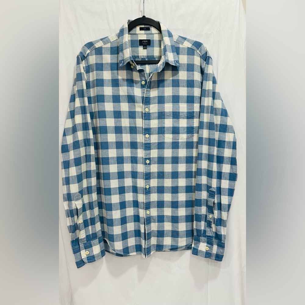 J. Crew Men’s Slim Button Down Dress Shirt Size L Blue Check Print Homespun‎